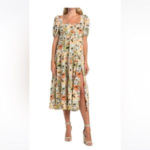 ASTR RUST SAGE FLORAL LABEL SQUARE NECK MIDI DRESS
